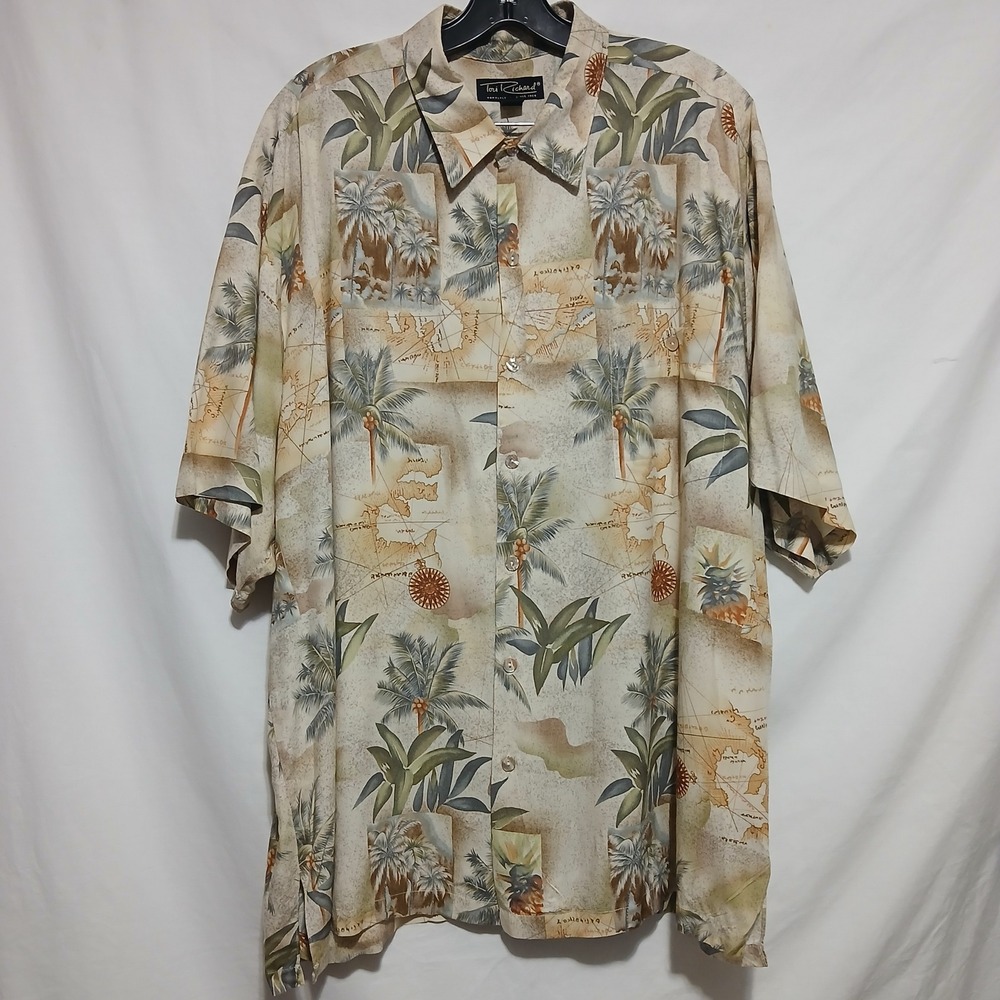 Tori Richard Hawaiian Shirt Palm Tree Map Print Button‎ Up 2XL